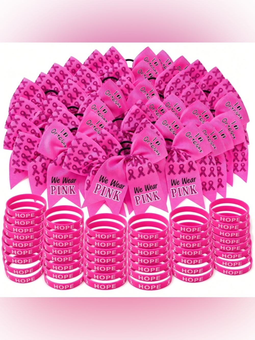 Pink Breast Cancer Awareness Ribbon Hair Bows and HOPE Wristbands Set